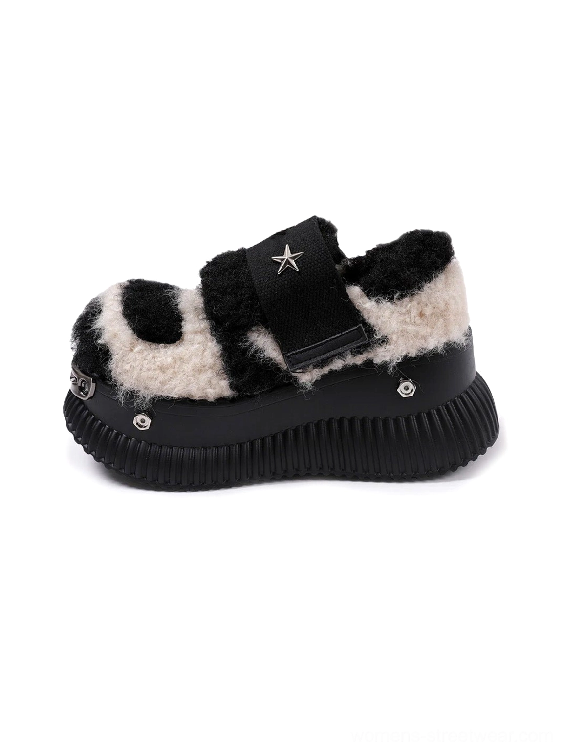 Side profile of beige and black Y2K fuzzy star platform sneakers with silver strap details, metal toe cap, and chunky ridged sole