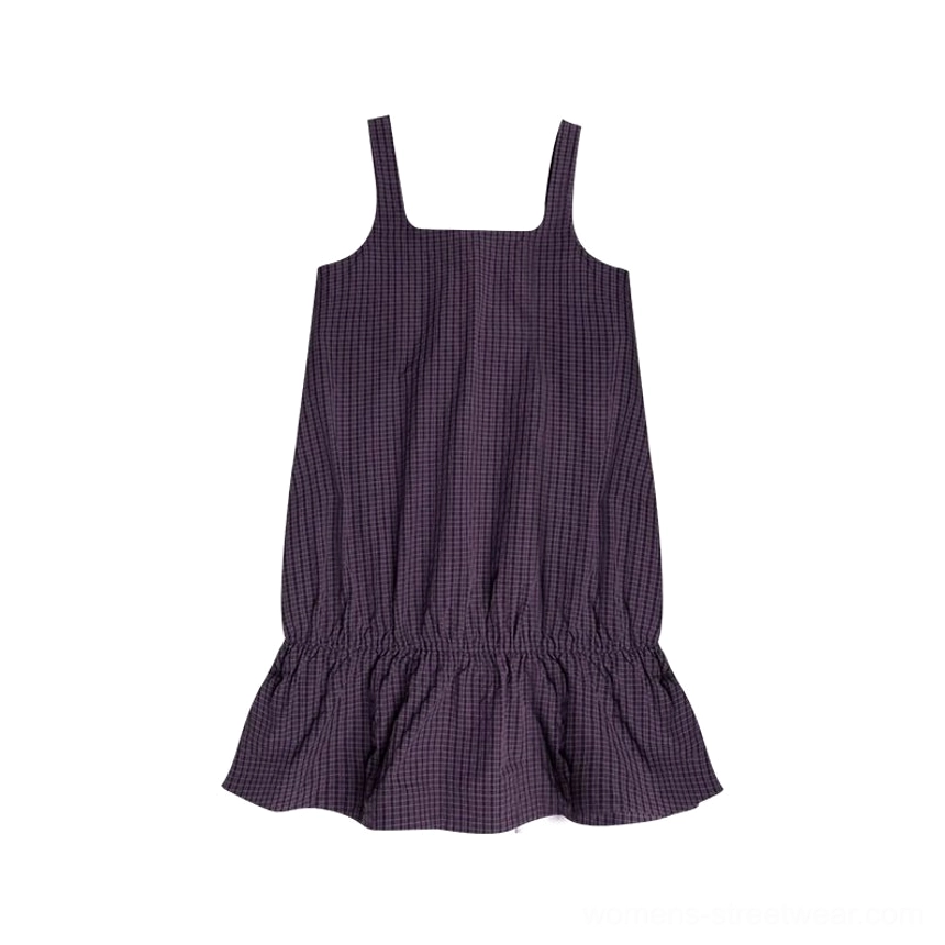 Berry plaid gingham ruffled pinafore mini dress flat lay showing wide straps square neckline and gathered hem
