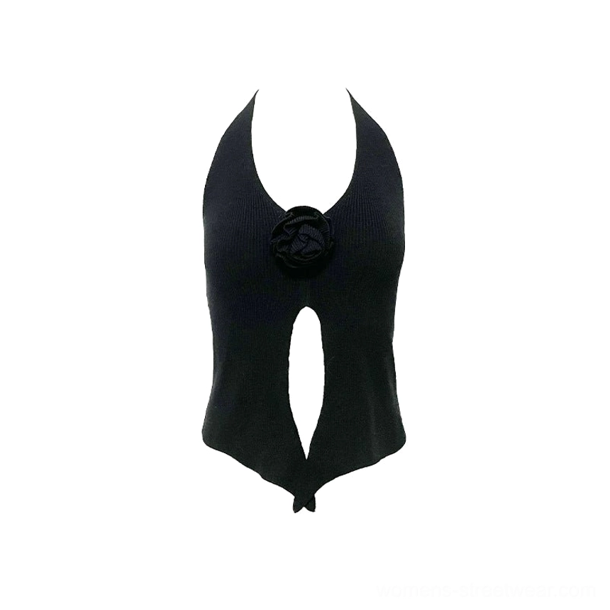 Black 3D rose halter knit top with fitted knit construction and asymmetric split pointed hem product color view