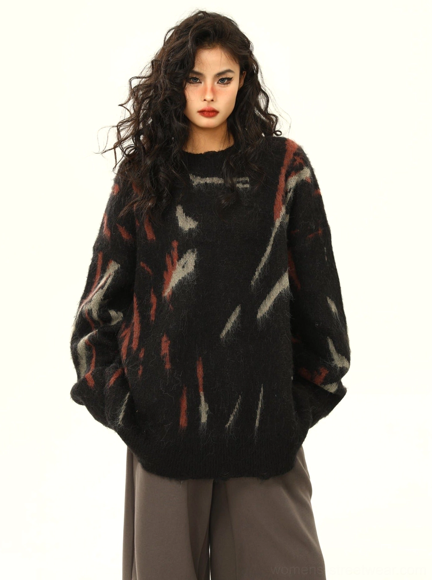 Black abstract pattern oversized crew neck sweater with distressed hem and relaxed drop shoulder fit