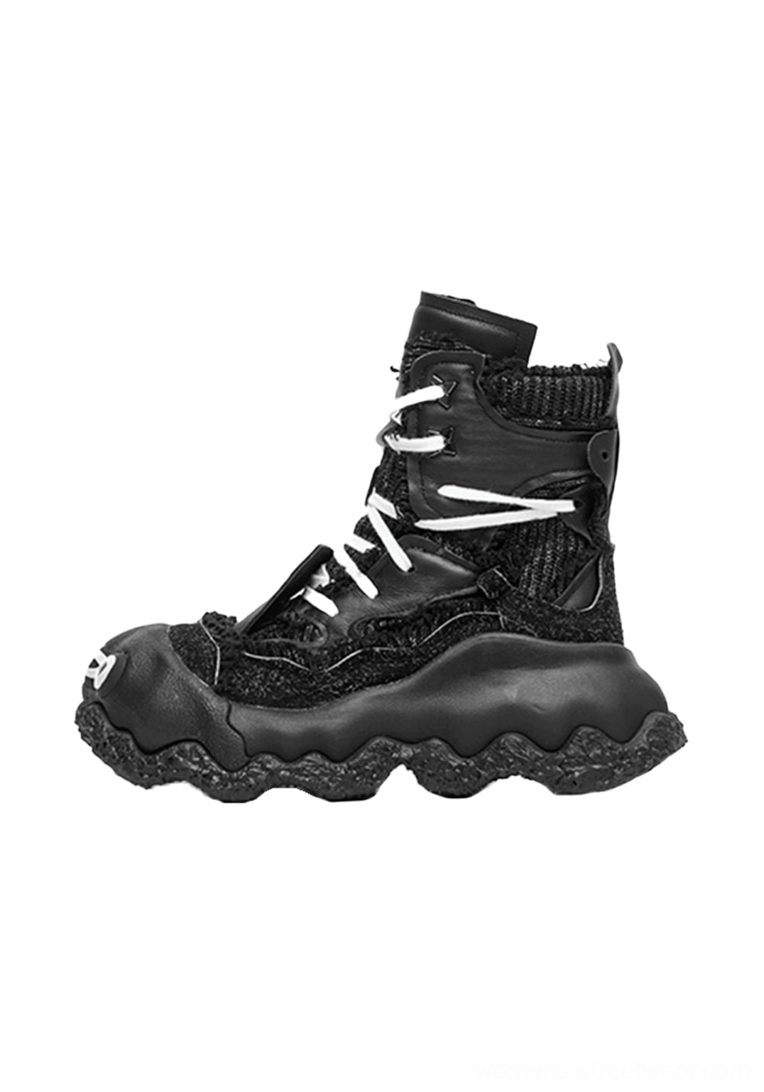 Black abstract splash layered platform combat boots with fuzzy upper, contrasting white laces, and chunky matte black sole