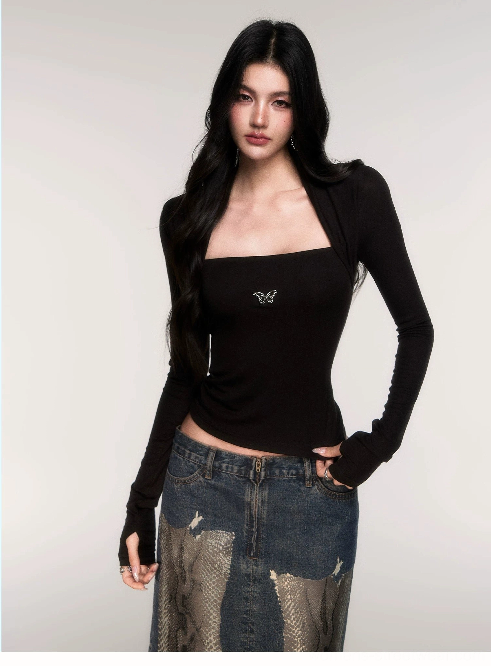Black Acubi butterfly emblem ribbed knit top variation with attached shrug sleeves, exposed shoulders, square neckline, and bodycon fit