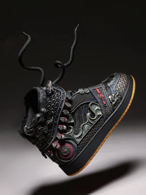 Black armor-inspired high-top sneakers floating at an angle with thick laces furry lining and three-dimensional bronze metal decorations