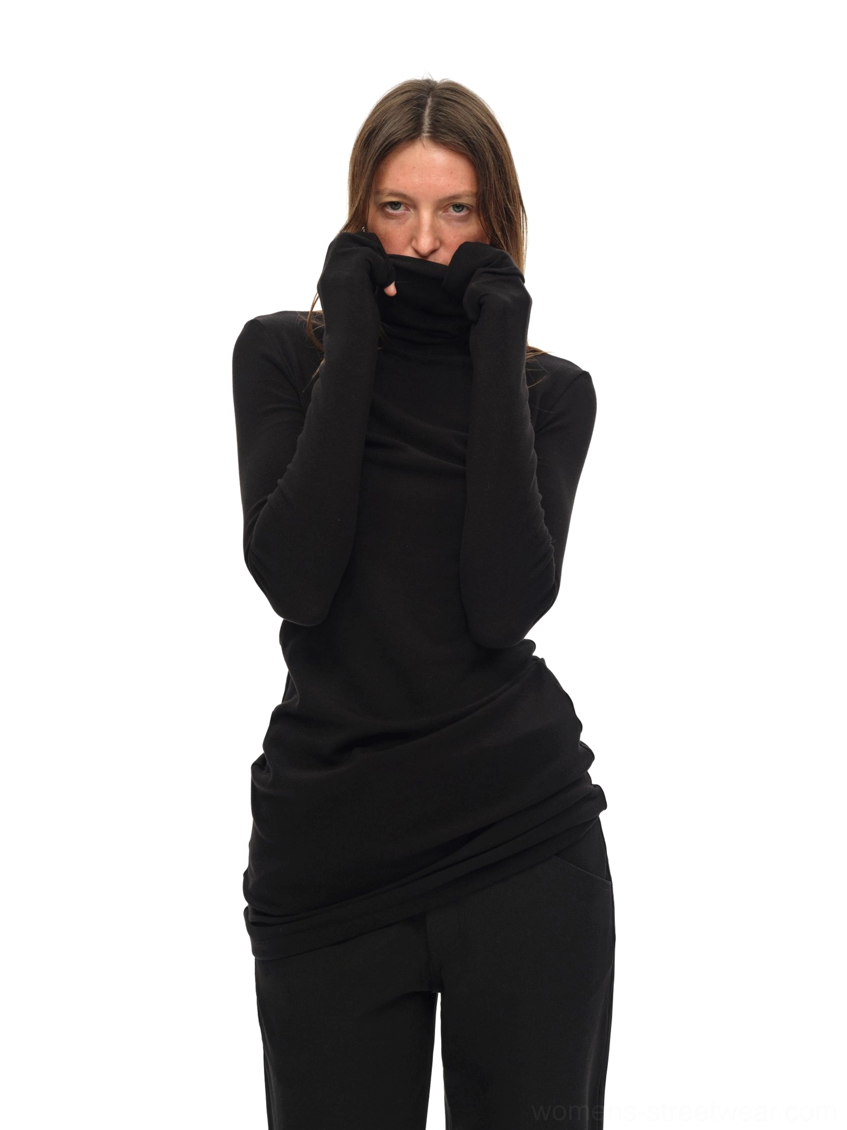 Black fitted turtleneck streetwear knit top with extended sleeve cuffs and asymmetric side drape