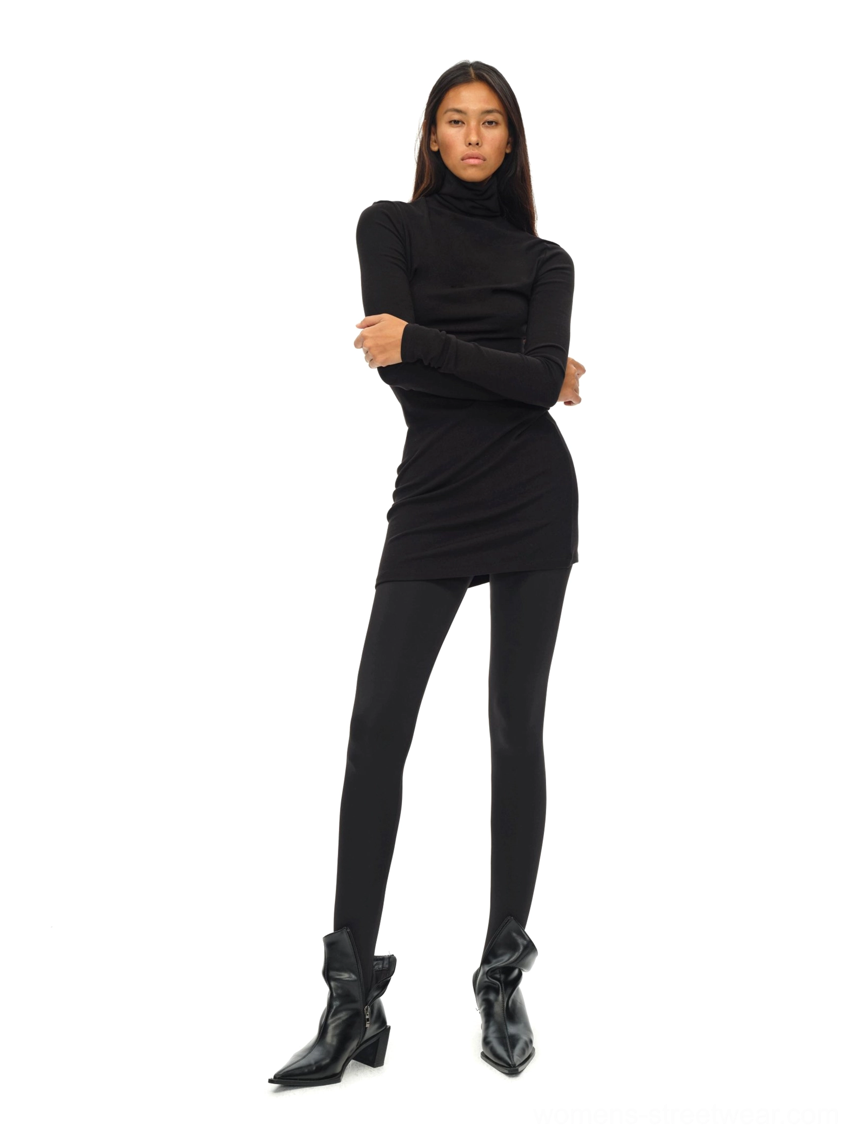 Black fine knit turtleneck top product image featuring a slim silhouette and draped hem