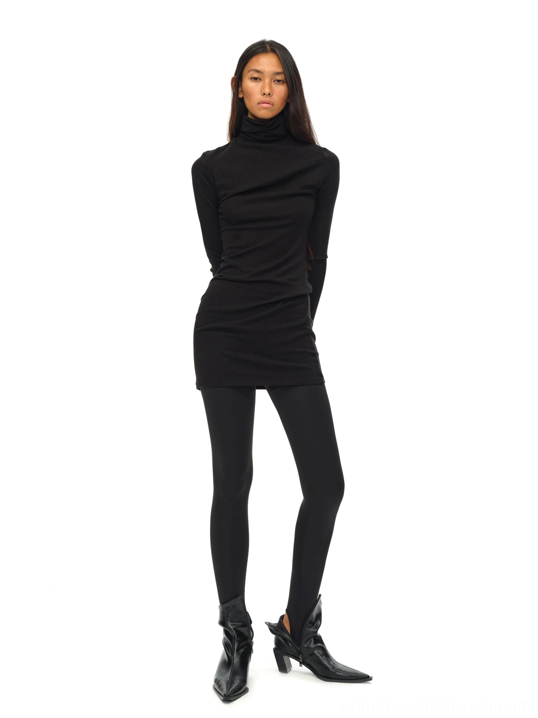 Black Korean style turtleneck knit top product image with asymmetric draped streetwear design