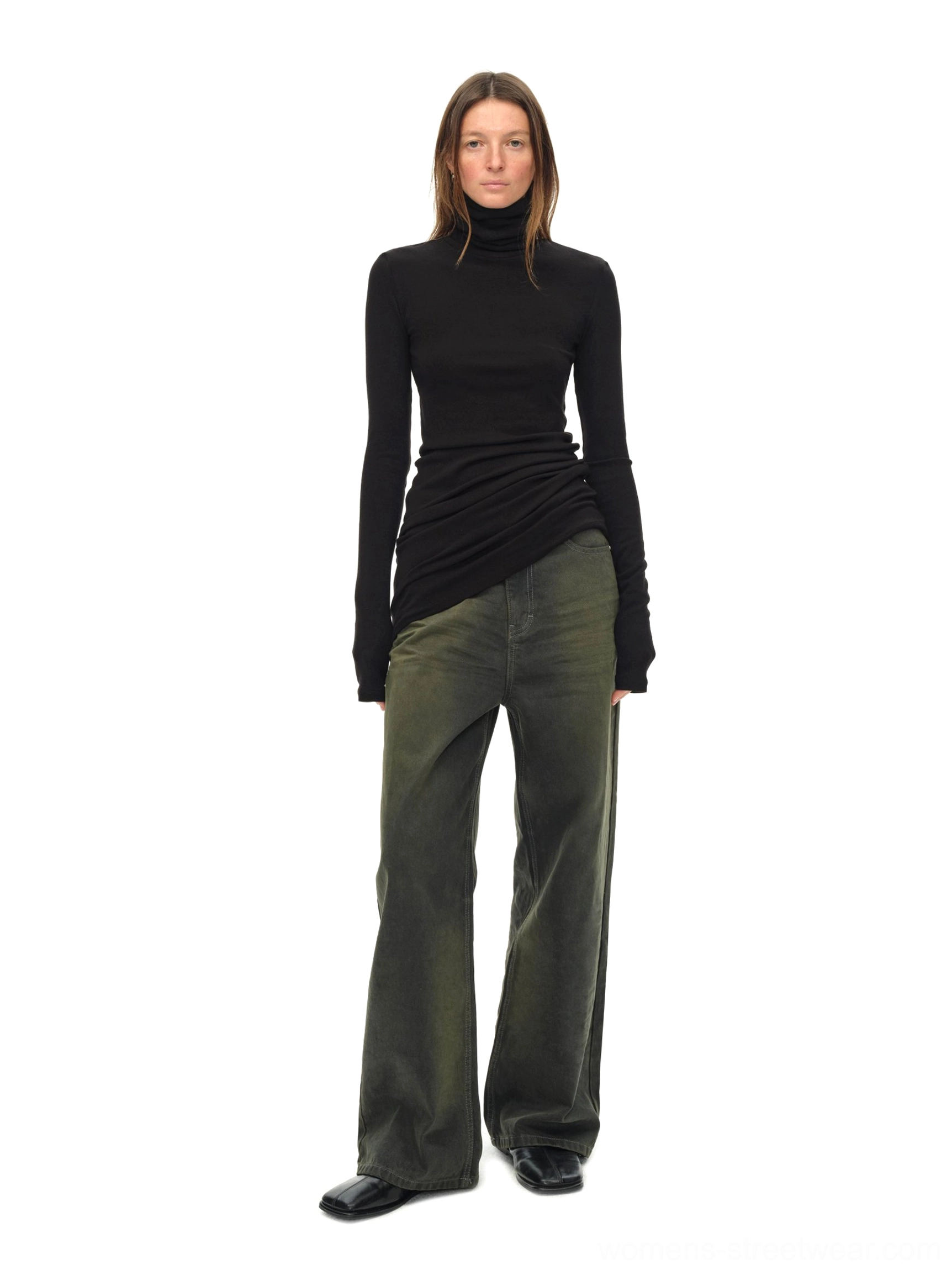 Black fitted long sleeve turtleneck knit top product image with minimalist avant-garde styling