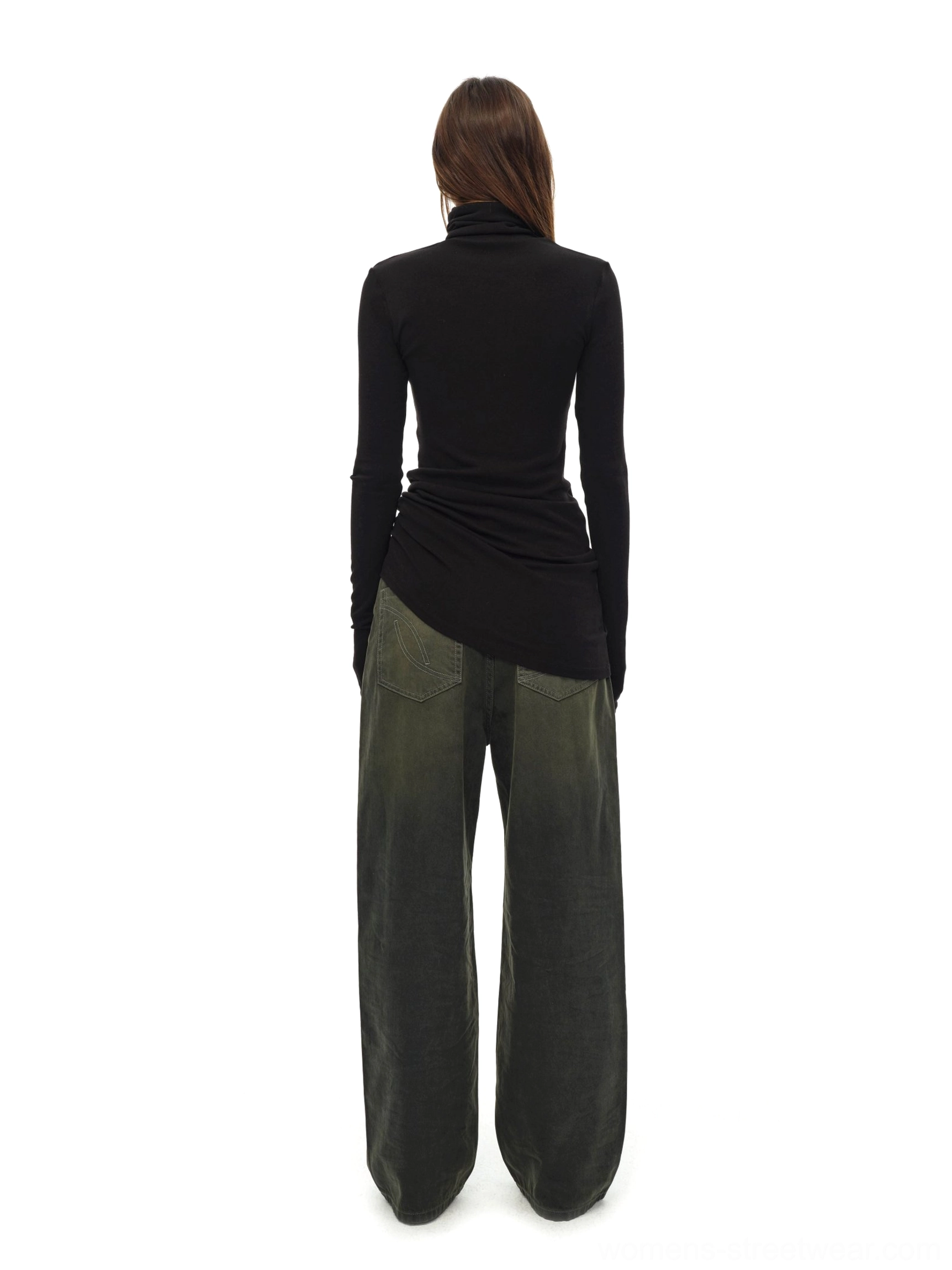 Black modern streetwear turtleneck knit top product image with asymmetric waist drape