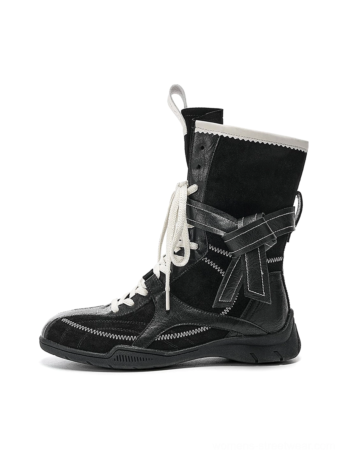 Black asymmetric foldover lace-up mid-calf utility boots with mixed suede leather panels and white contrast stitching