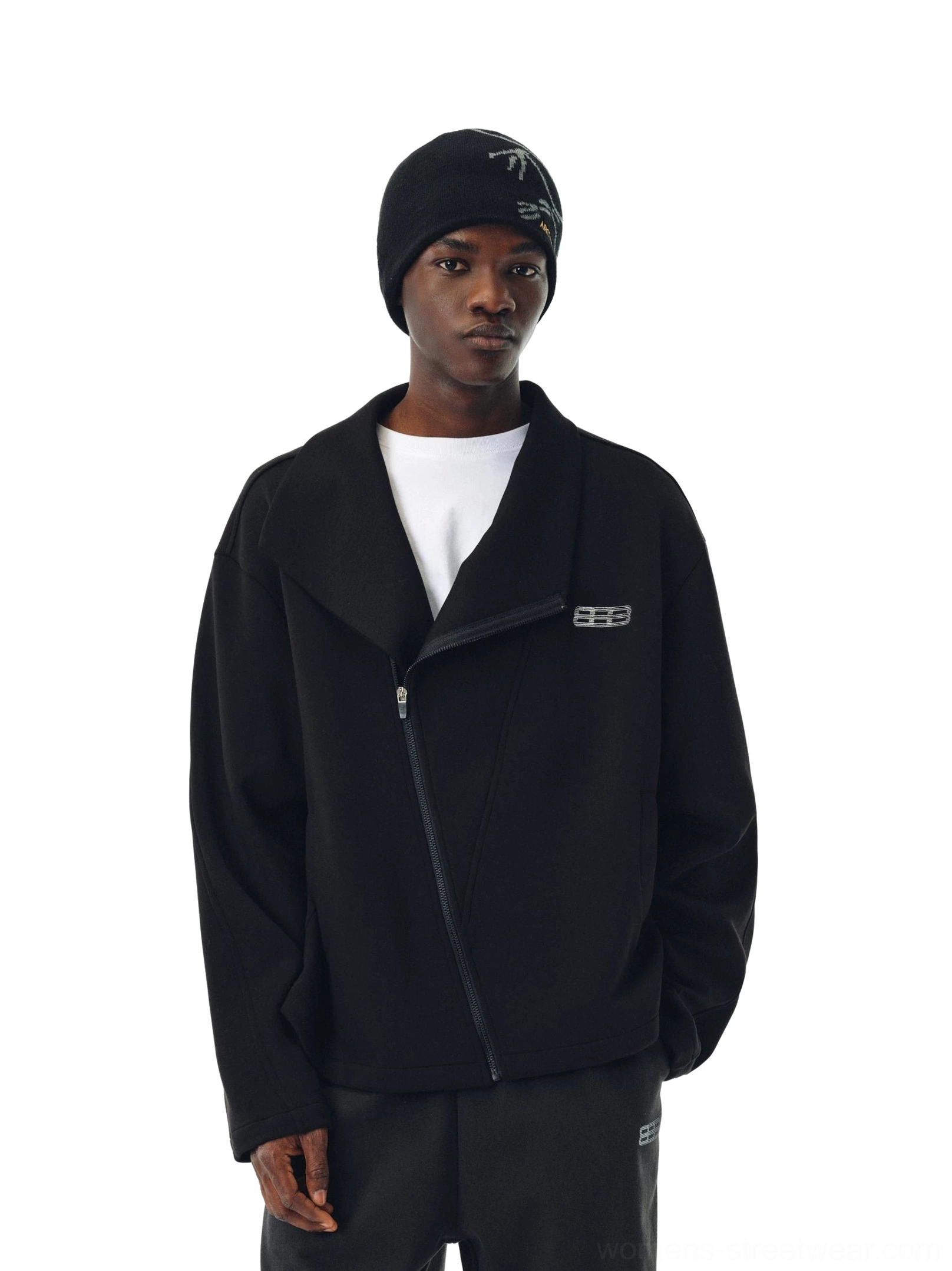 Black high-neck asymmetric zip jacket styled with a white T-shirt and casual pants for a modern Seoul streetwear outfit