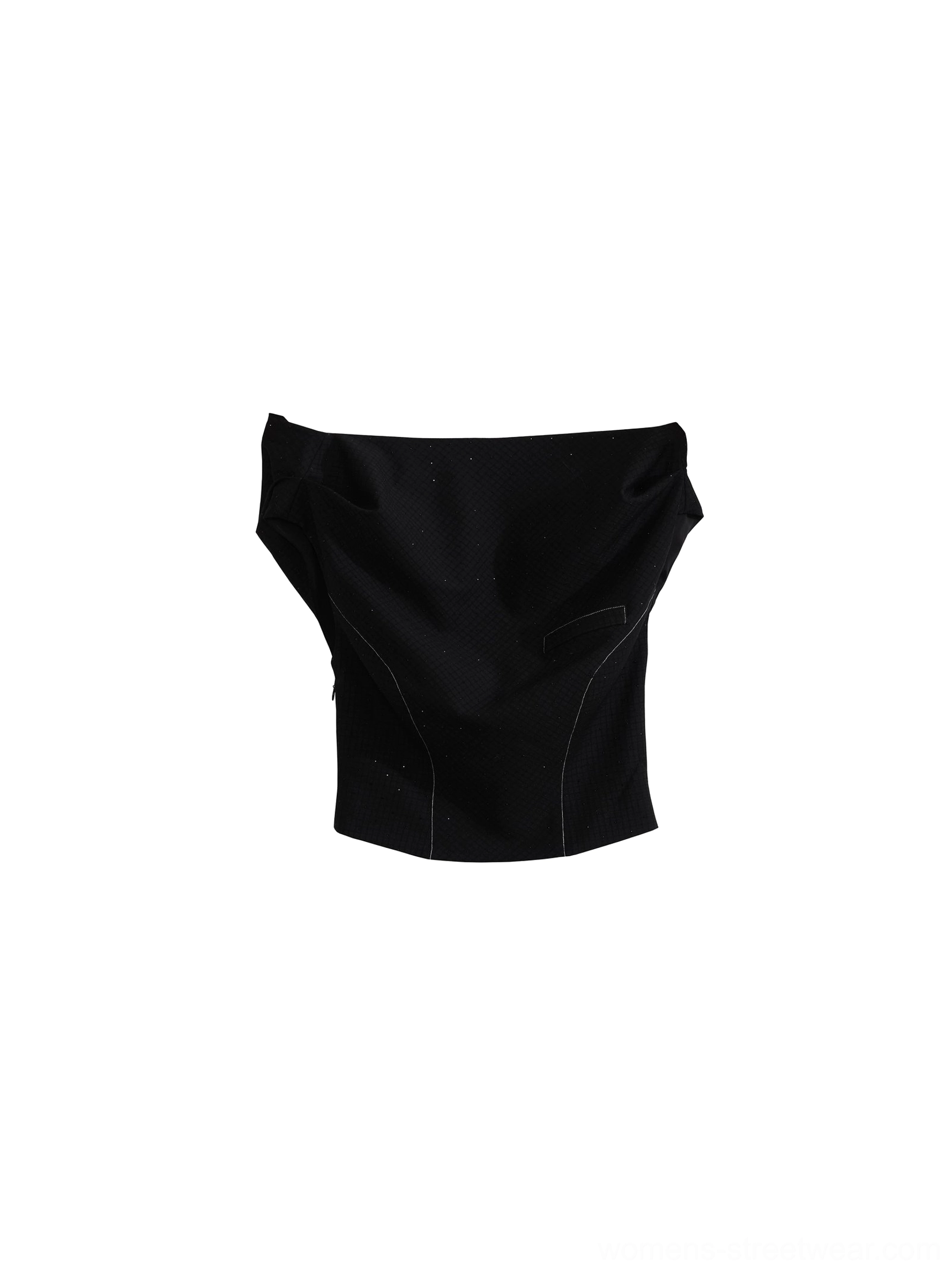Black asymmetric knit crop top flat lay showing contrast topstitching draped neckline and tailored cropped shape