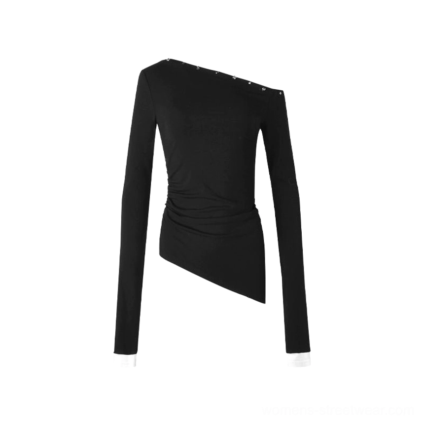 Black asymmetric off-shoulder long-sleeve streetwear top in a slim stretch fit with silver neckline studs, extra-long cuffs, and sculpted angled hem
