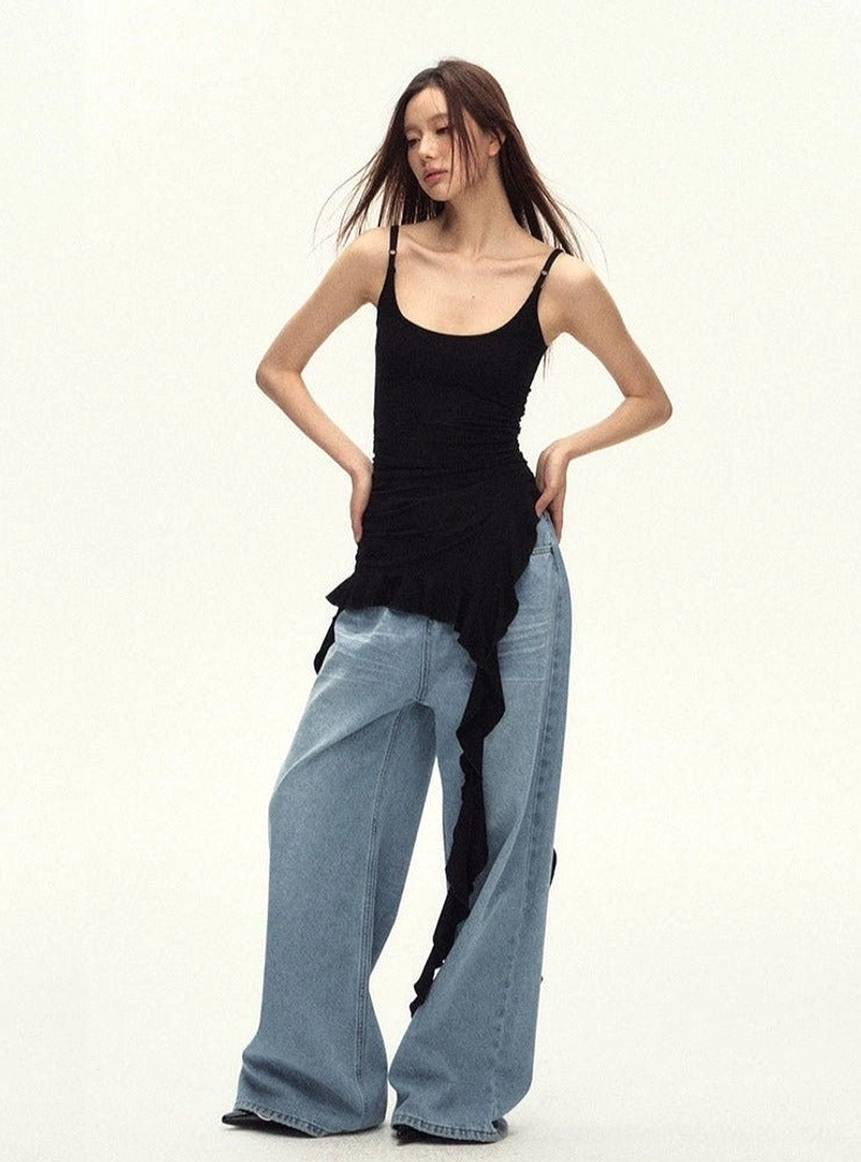 Black asymmetric ruched cami top for women's Y2K, Acubi, Korean, and contemporary streetwear wardrobes
