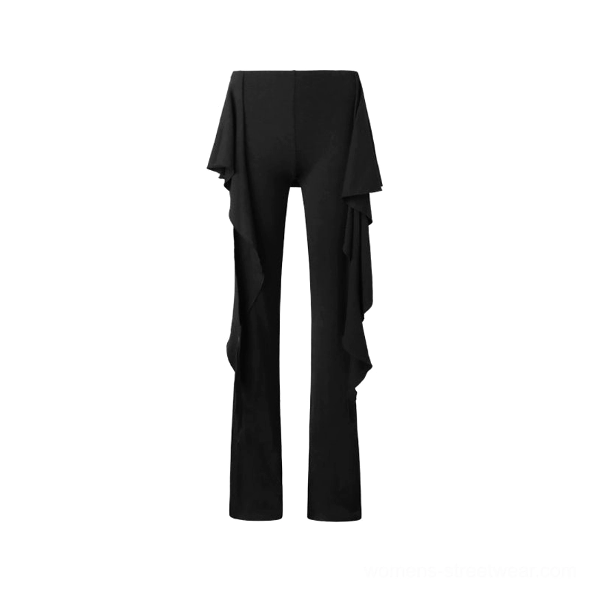 Black asymmetric wrap drape flare streetwear pants with a sculptural cascading waist and elongated silhouette