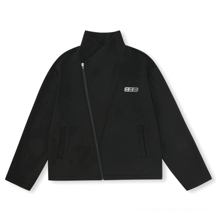 Black asymmetric zip high-neck streetwear jacket flat lay with dropped shoulders, long sleeves, angled front closure, and side pockets