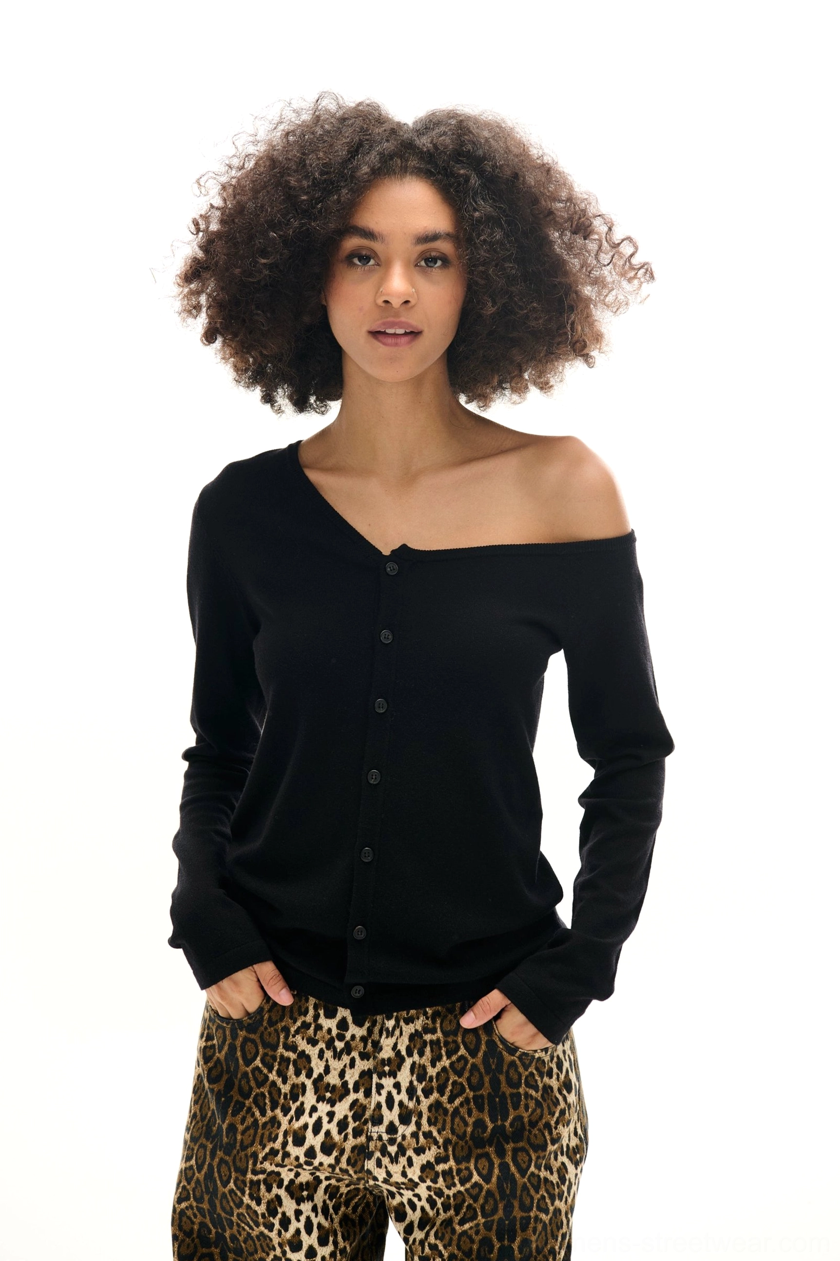 Black asymmetrical button-front cardigan with ribbed knit texture for minimalist urban outfits