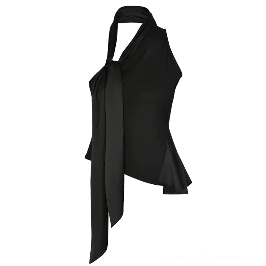 Black asymmetrical halter top with adjustable side tie sash main product image