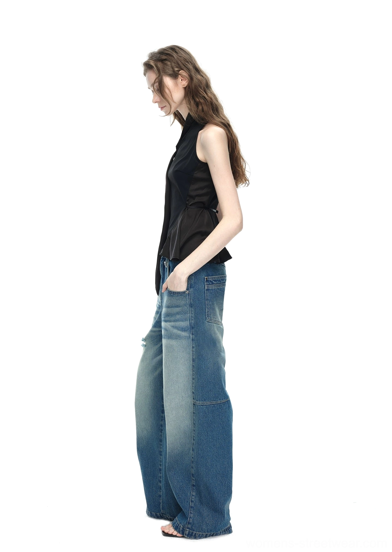 Black asymmetrical halter top with adjustable side tie sash sleeveless streetwear style view