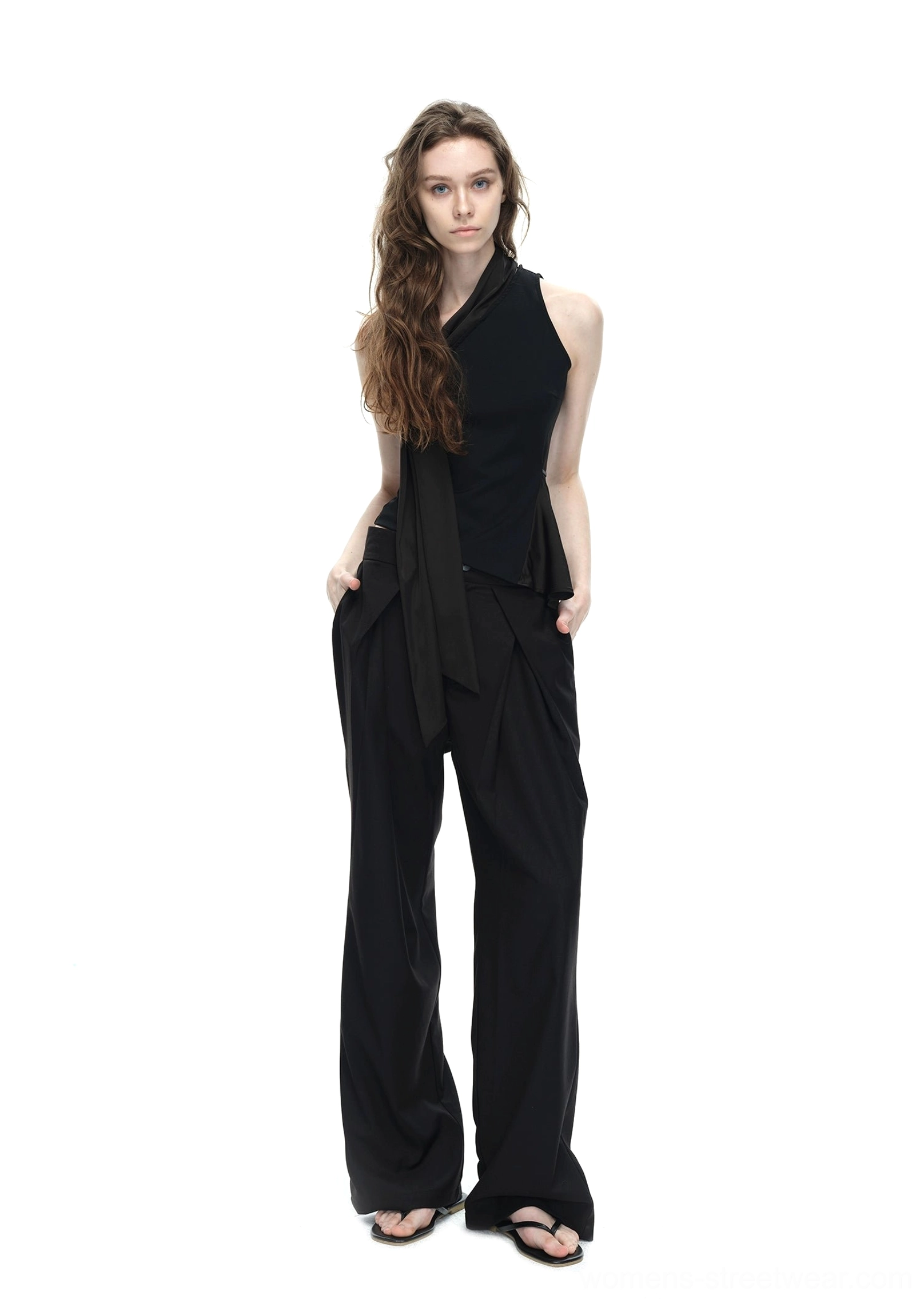 Black asymmetrical halter neck top with draped tie detail modern Seoul streetwear product view