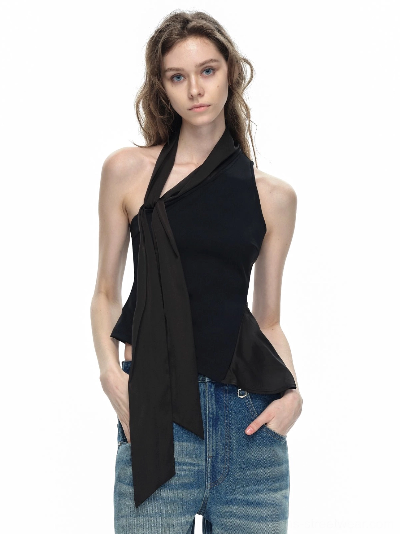 Black asymmetrical halter neck top close front view showing knotted neckline draped hem and adjustable side tie detail