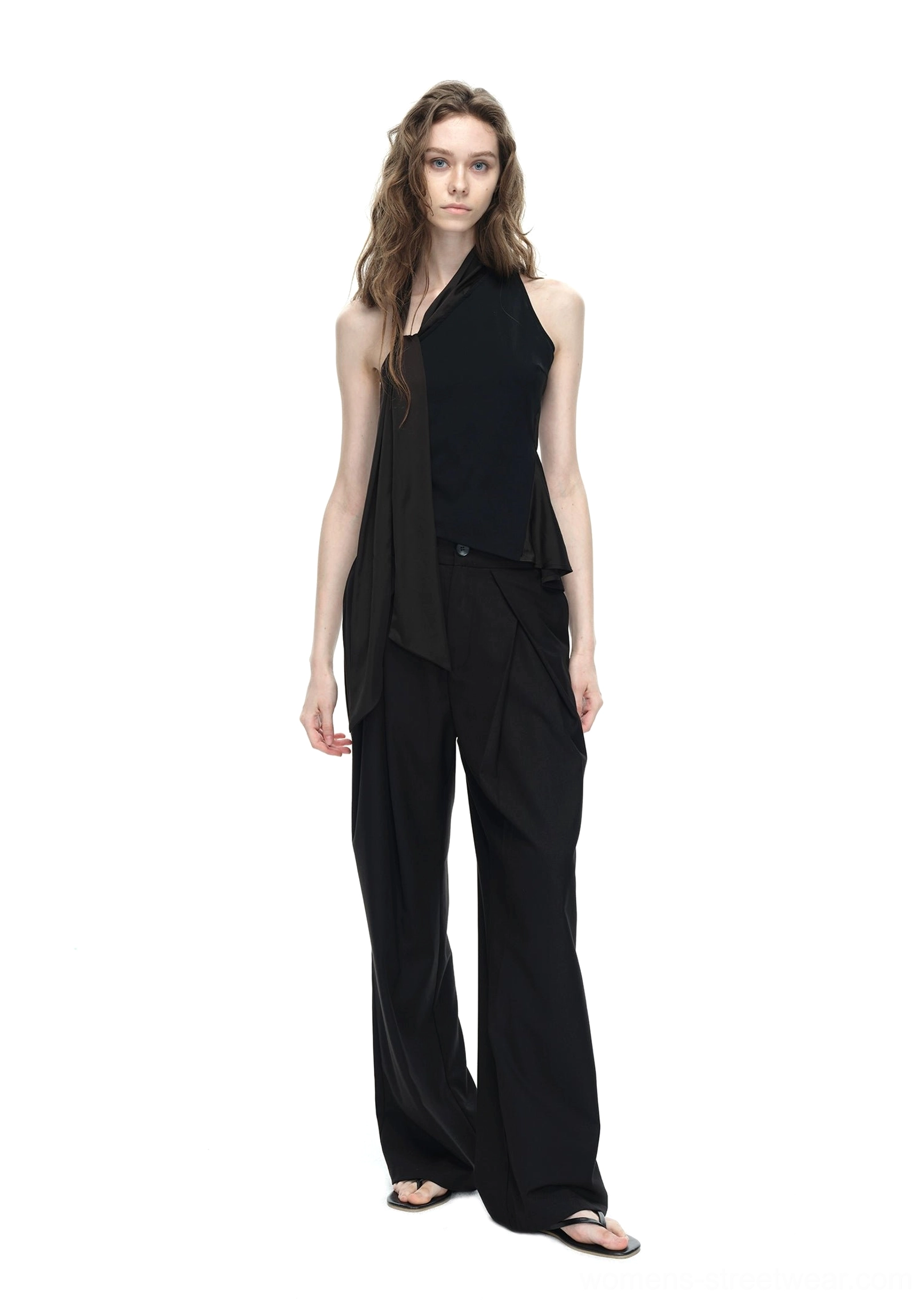 Black asymmetrical halter top with long side tie sash fitted silhouette product view