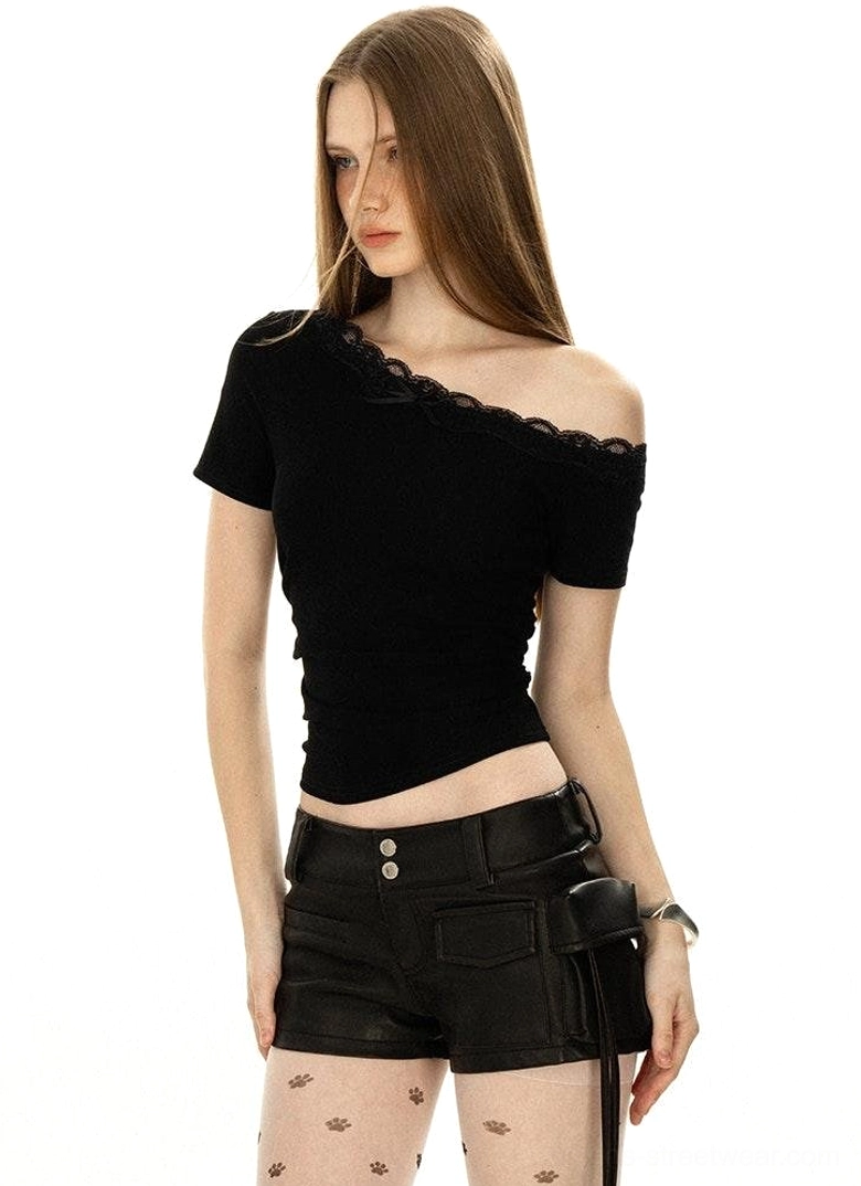 Black asymmetrical off-shoulder lace trim slim fit top with modern Korean streetwear styling