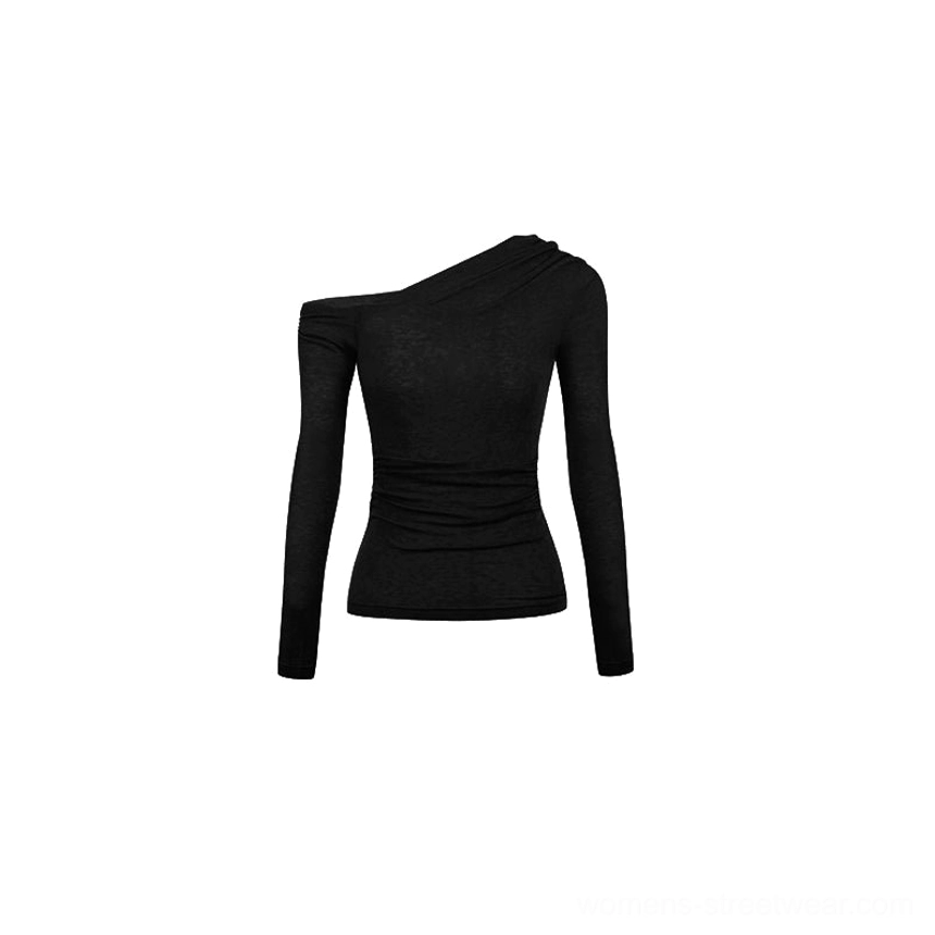 Black asymmetrical one-shoulder long sleeve women’s Korean streetwear base layer top