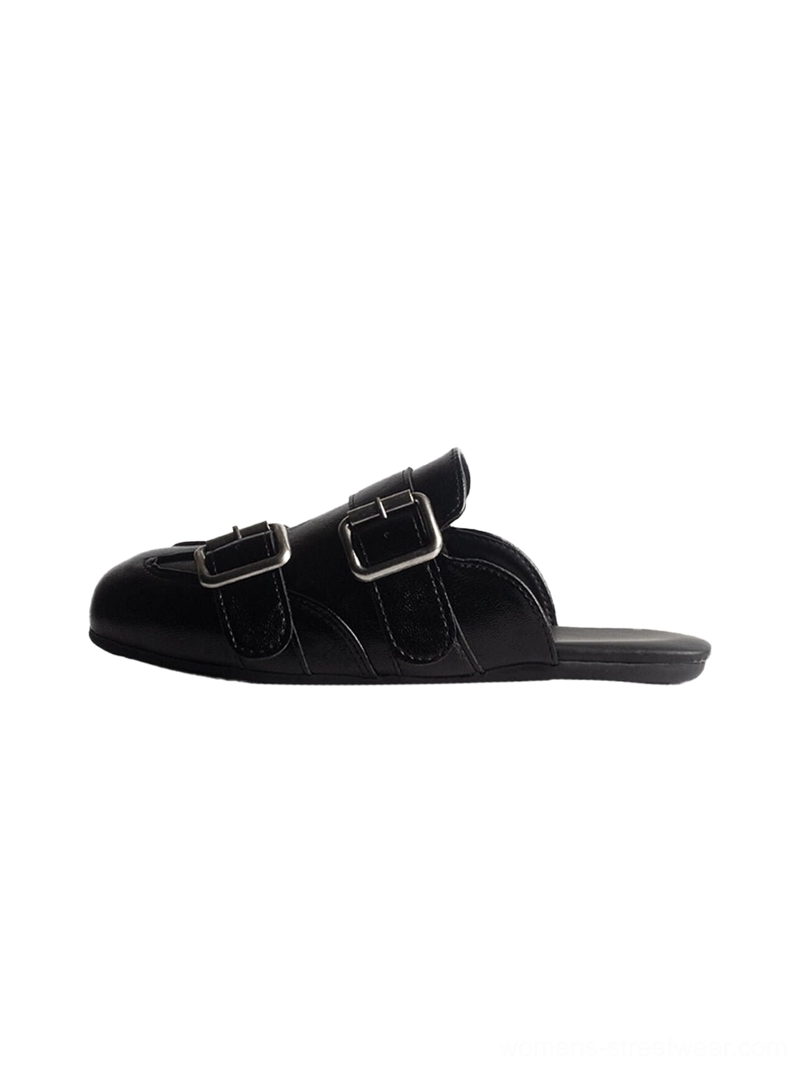 Black backless double-buckle leather mule loafer with silver buckles and square toe side view