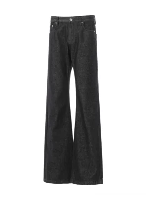 Front view of black barbed wire embroidered wide leg flare jeans in washed coal black