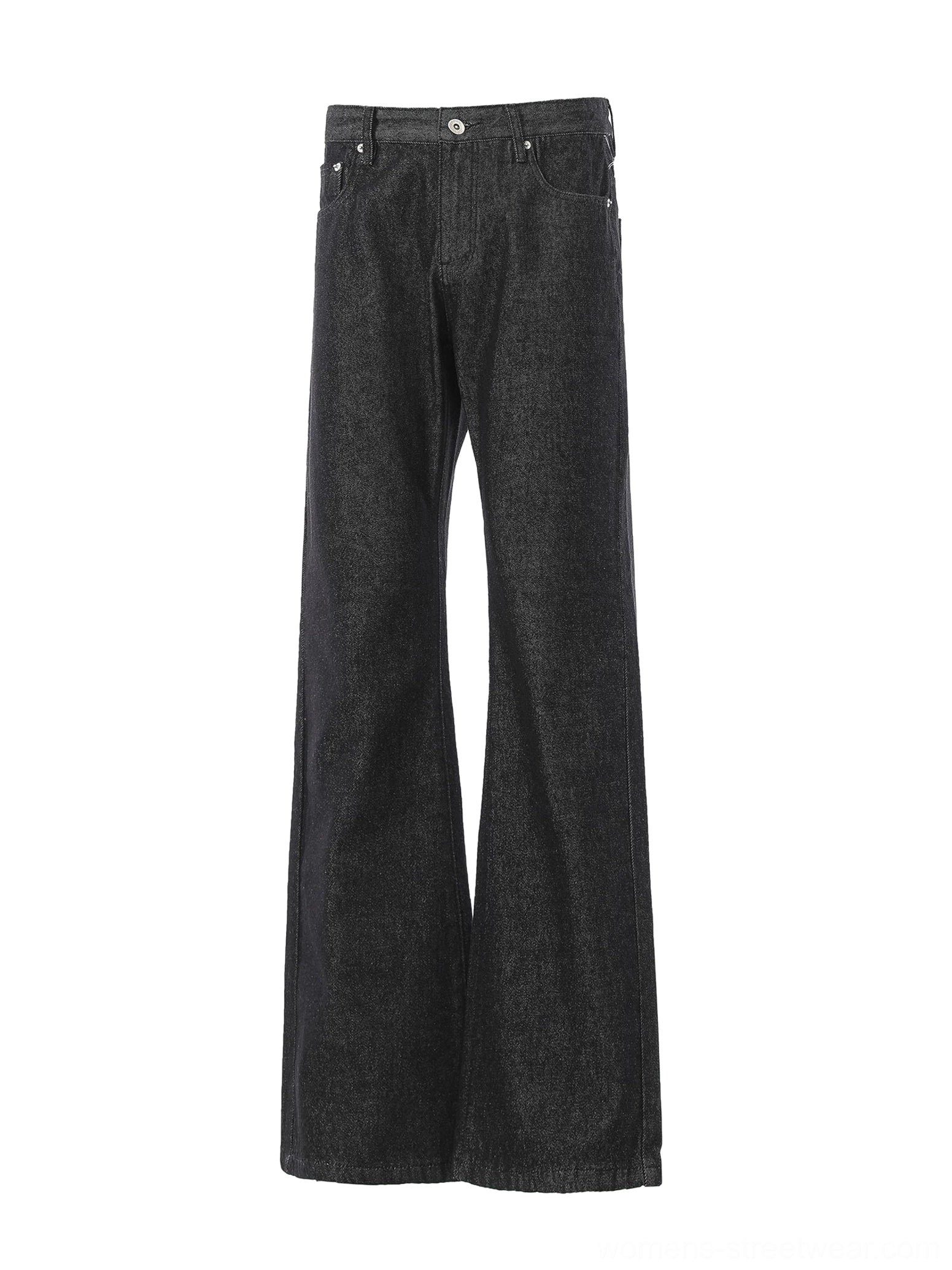 Front view of black barbed wire embroidered wide leg flare jeans in washed coal black