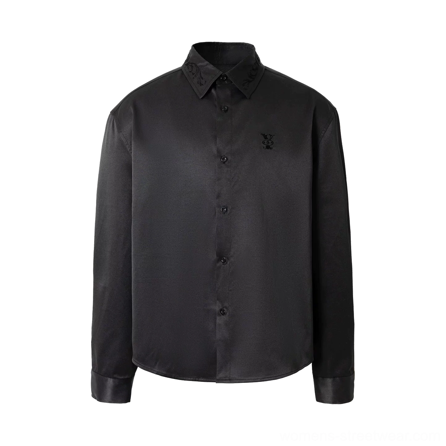 Black baroque embroidered high-low long-sleeve streetwear shirt with relaxed tailoring and subtle chest detail
