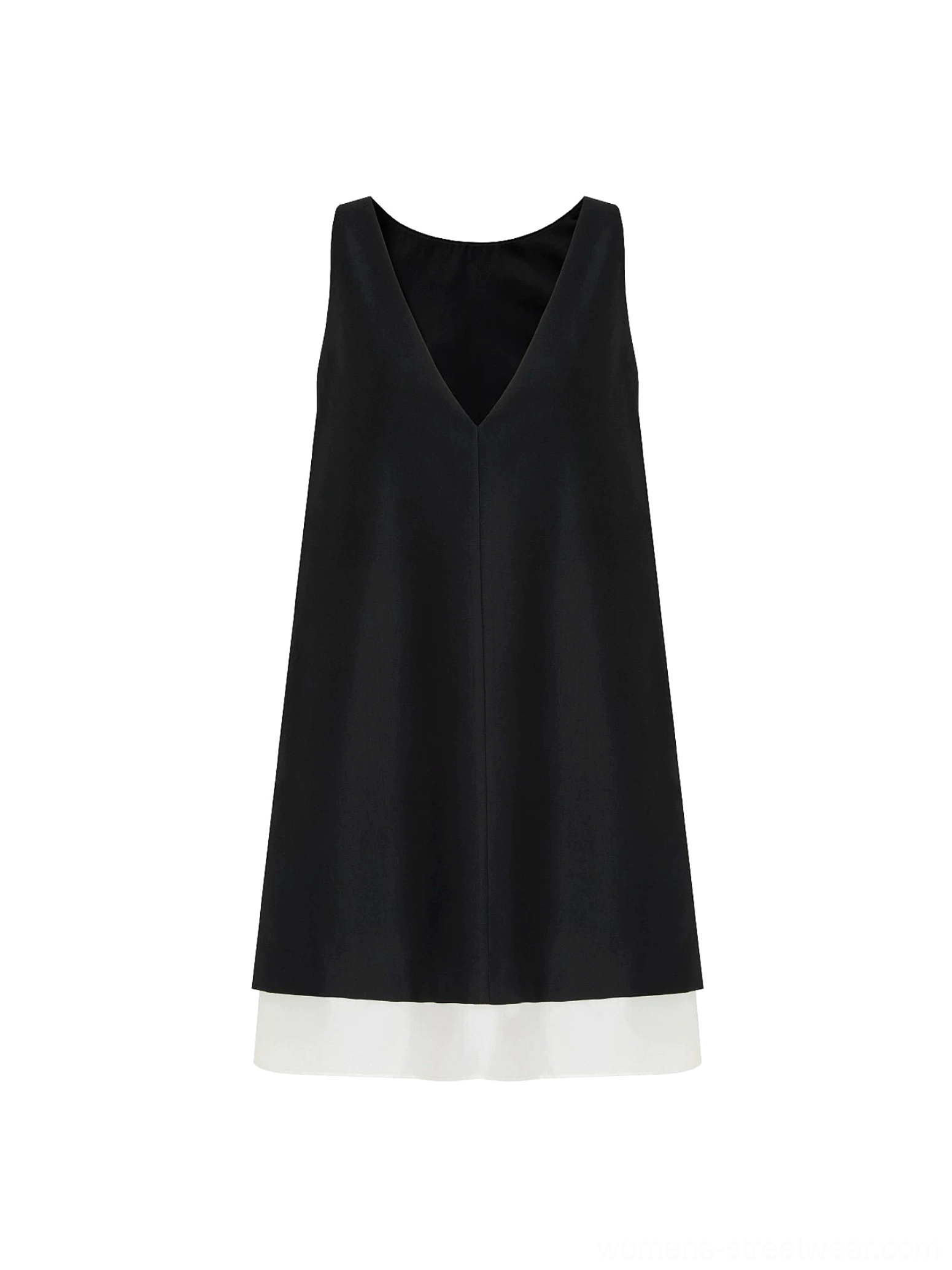 Black and beige color-block V-back shift dress shown in a full front flat lay with a relaxed A-line silhouette and contrasting ivory layered hem