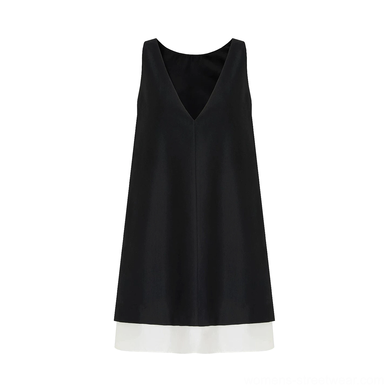 Detailed view of the deep V-back opening and precise layered seam construction on a black and beige streetwear shift dress