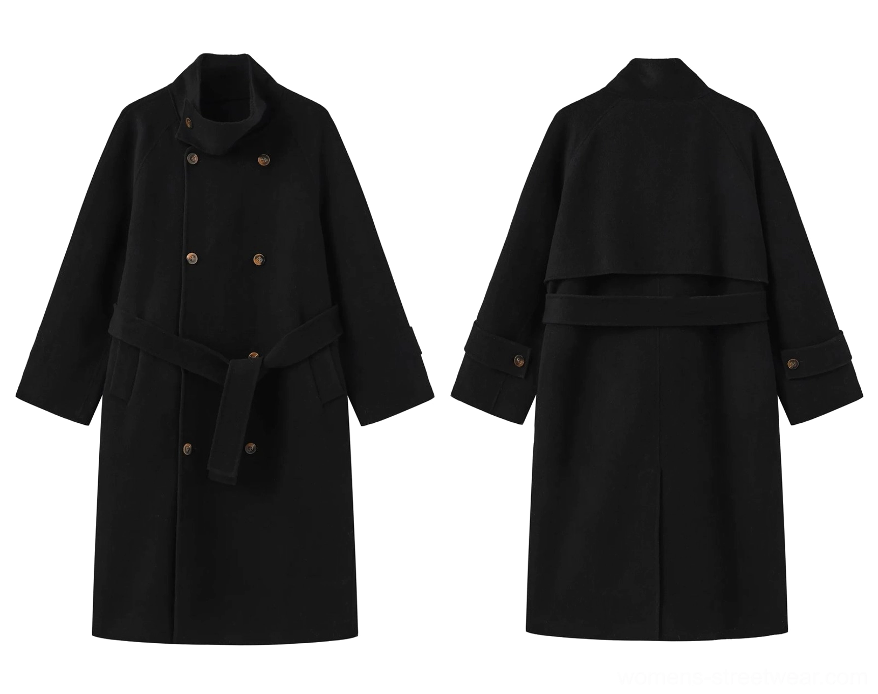 Black double-breasted belted wool maxi trench coat flat lay showing removable belt and button front
