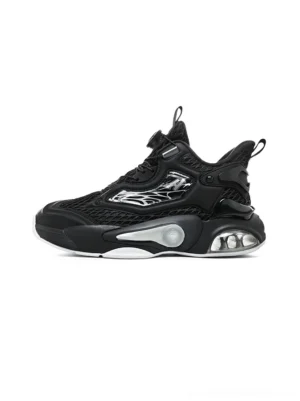 Black air cushion runner sneakers with breathable mesh upper, flame-inspired overlays, rotary buckle lacing, and visible cushioned sole