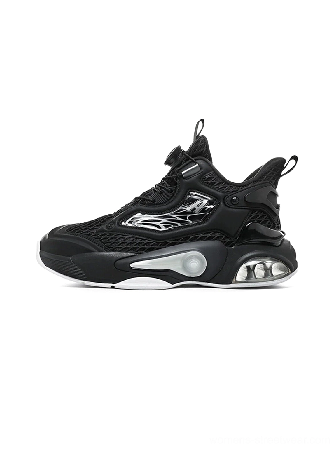 Black air cushion runner sneakers with breathable mesh upper, flame-inspired overlays, rotary buckle lacing, and visible cushioned sole
