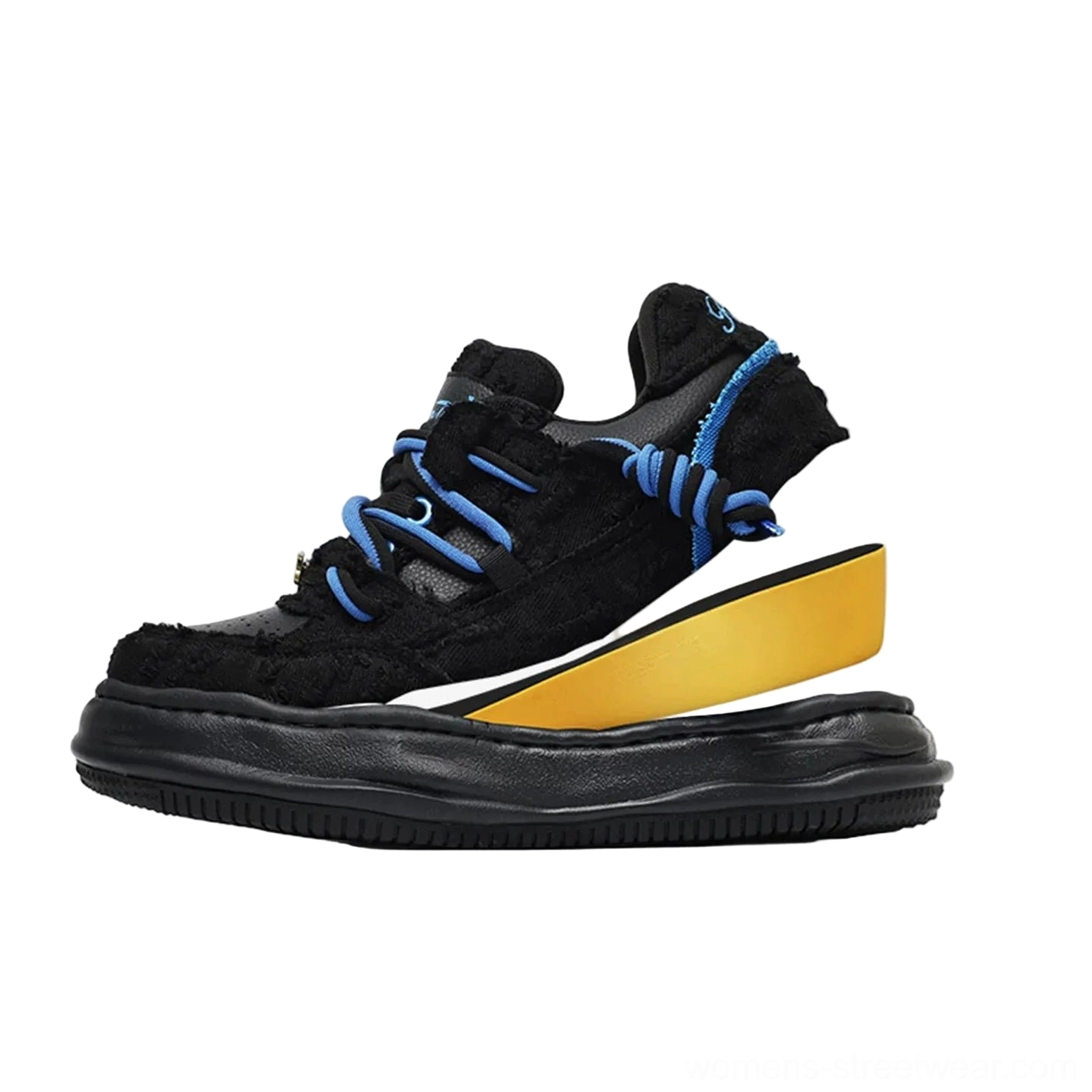 Black and blue distressed platform skate sneakers with layered canvas panels mixed laces frayed edges and chunky cream sole