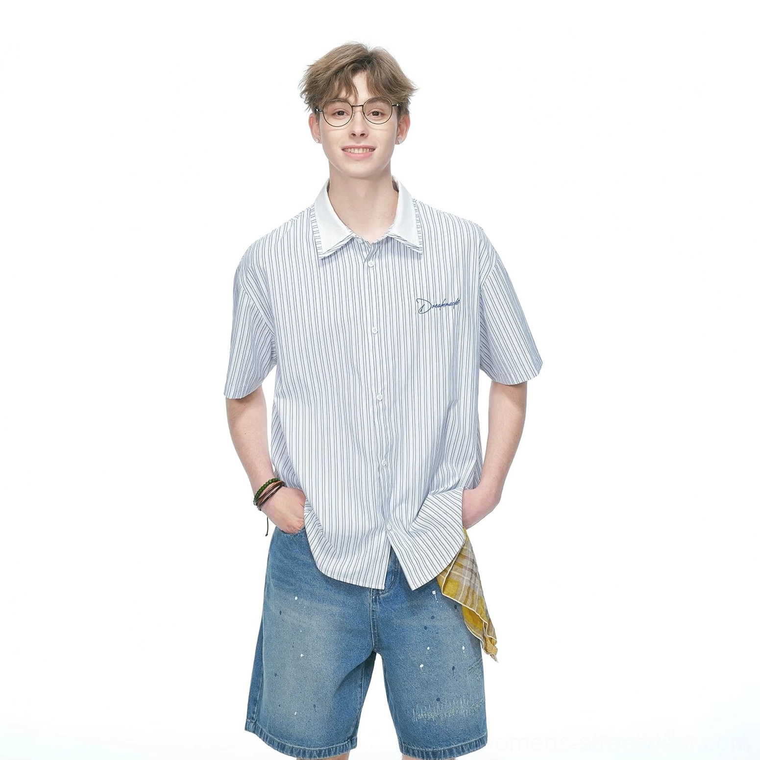 Black or blue pinstripe contrast collar short sleeve shirt with relaxed fit and subtle embroidered chest detail