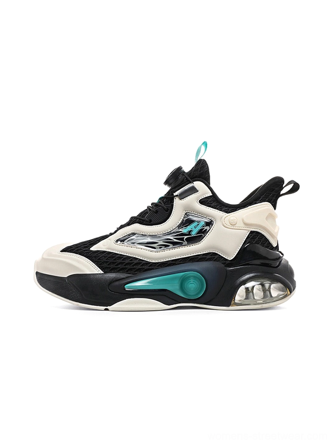 Two-tone black and blue air cushion runner sneakers with flame pattern and visible cushioned midsole