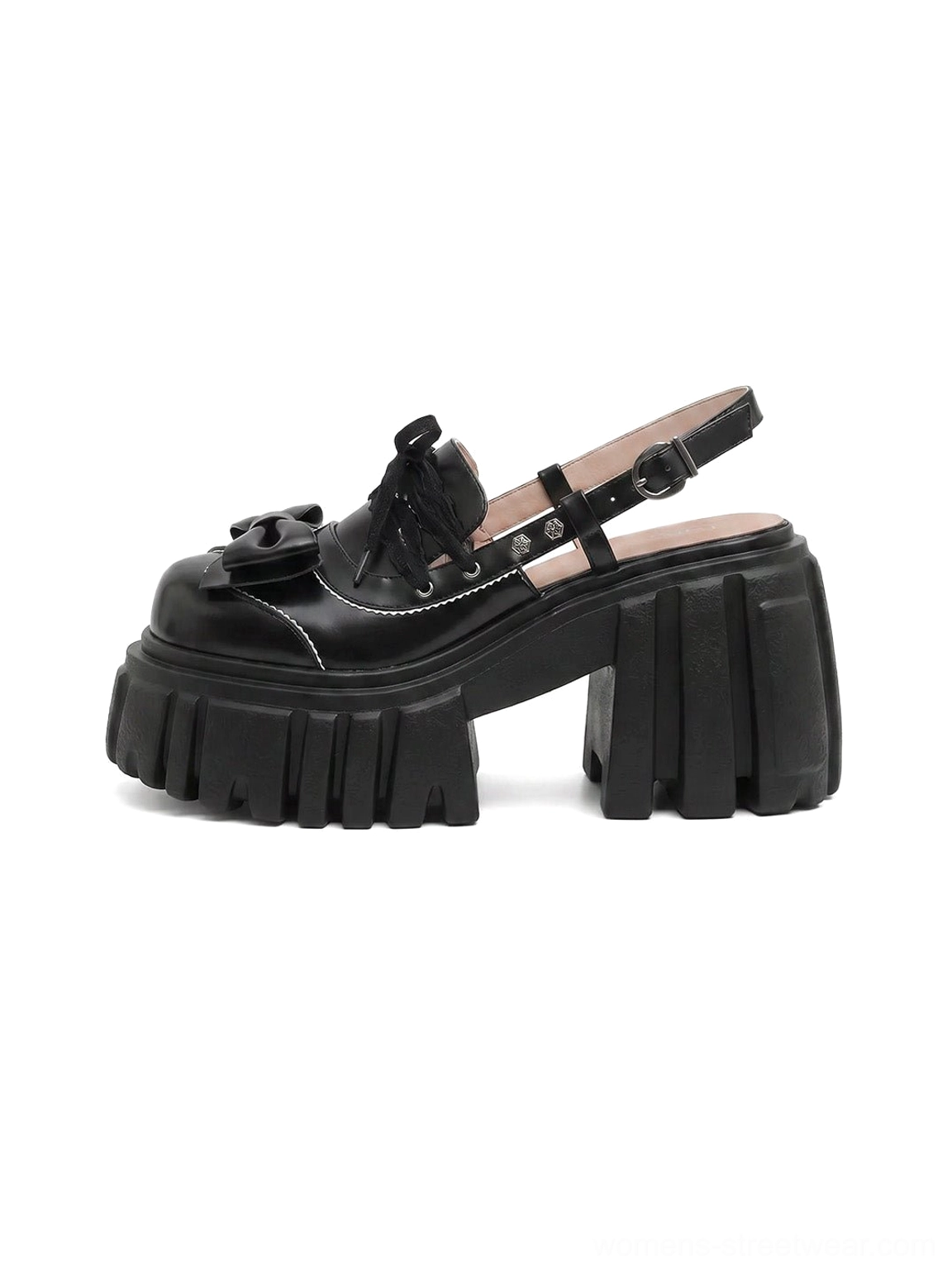 Black bow-front chunky platform Mary Jane sandals with glossy leather upper, adjustable slingback buckle, open toe and lug sole side view