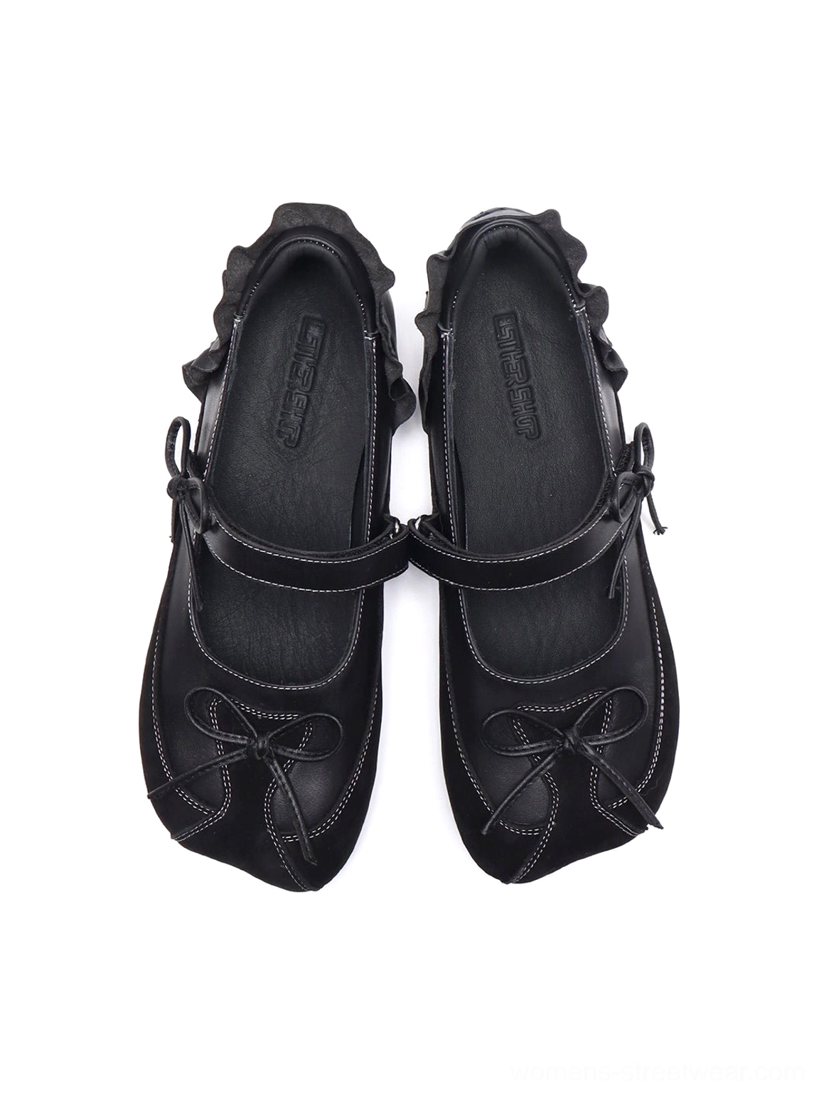 Top view of black Mary Jane ballet flats with split-square toe, slim bow, instep strap and ruffled heel collar