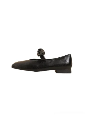 Black bow square-toe Mary Jane flats with crinkled-texture upper, asymmetrical instep strap, low flat heel, and Korean streetwear styling