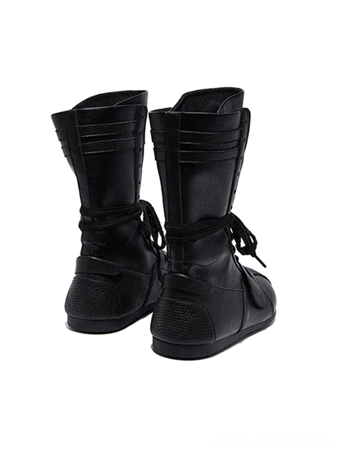 Rear-side view of matching black leather-look boxing boots with ribbed shaft details, textured heel and toe areas, and layered lace-up straps
