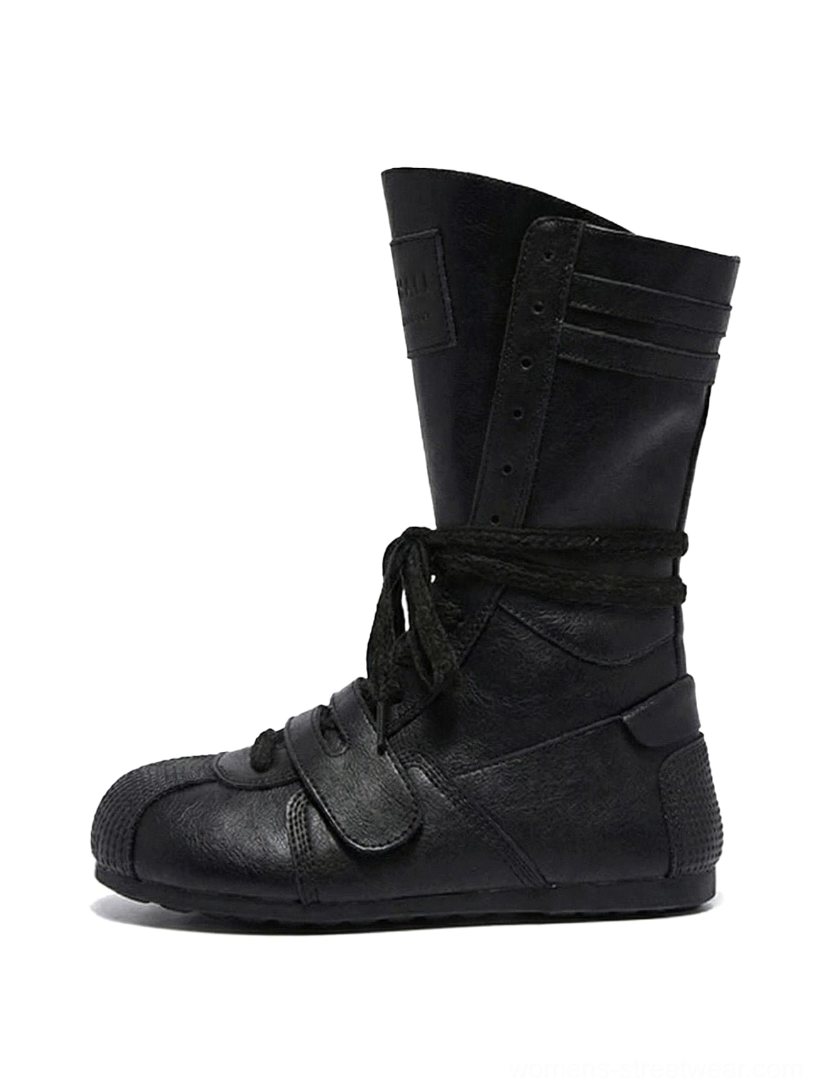 Black leather-look boxing-inspired mid-calf platform boot shown from the left side with wraparound laces, front hook-and-loop strap, ribbed shaft details, and structured streetwear silhouette