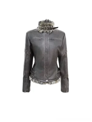 Black and brown distressed faux leather fur trim moto jacket shown from the front with chest zipper pockets, buckle stand collar, zipped cuffs, lace-up details, and cropped fitted streetwear silhouette