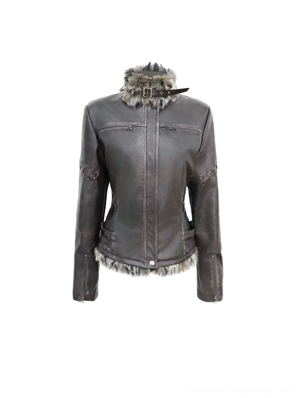 Black and brown distressed faux leather fur trim moto jacket shown from the front with chest zipper pockets, buckle stand collar, zipped cuffs, lace-up details, and cropped fitted streetwear silhouette
