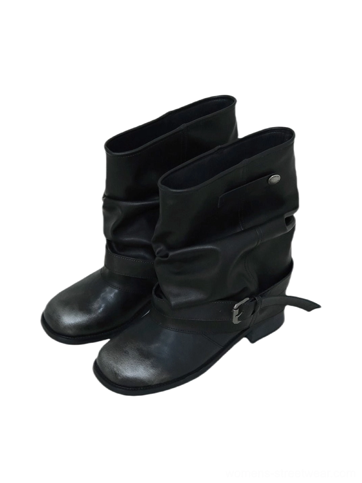 Black buckle detail block-heel boots for women's Korean fashion, Y2K, and modern streetwear outfits