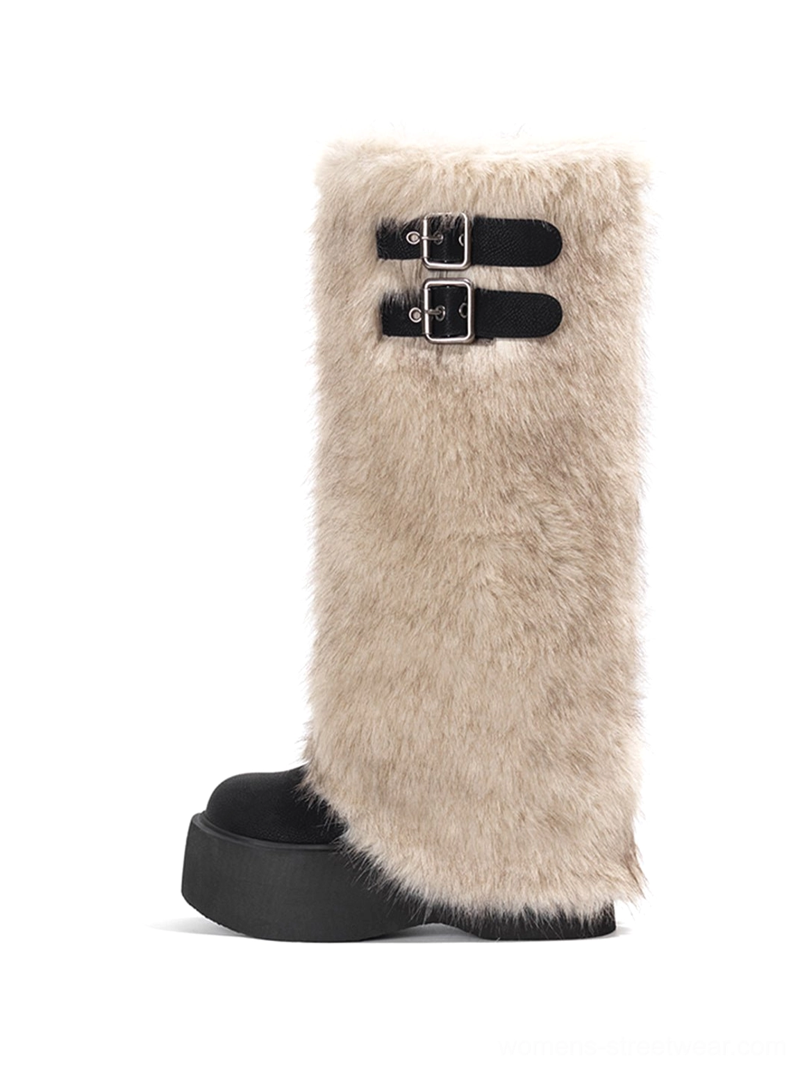 Black buckle faux fur platform tall boot close-up with a plush khaki shaft and chunky platform sole