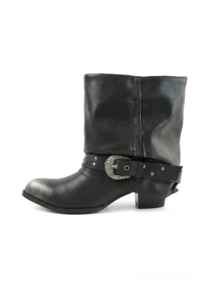 Black buckle pointed toe chunky streetwear ankle boots side view on a white background