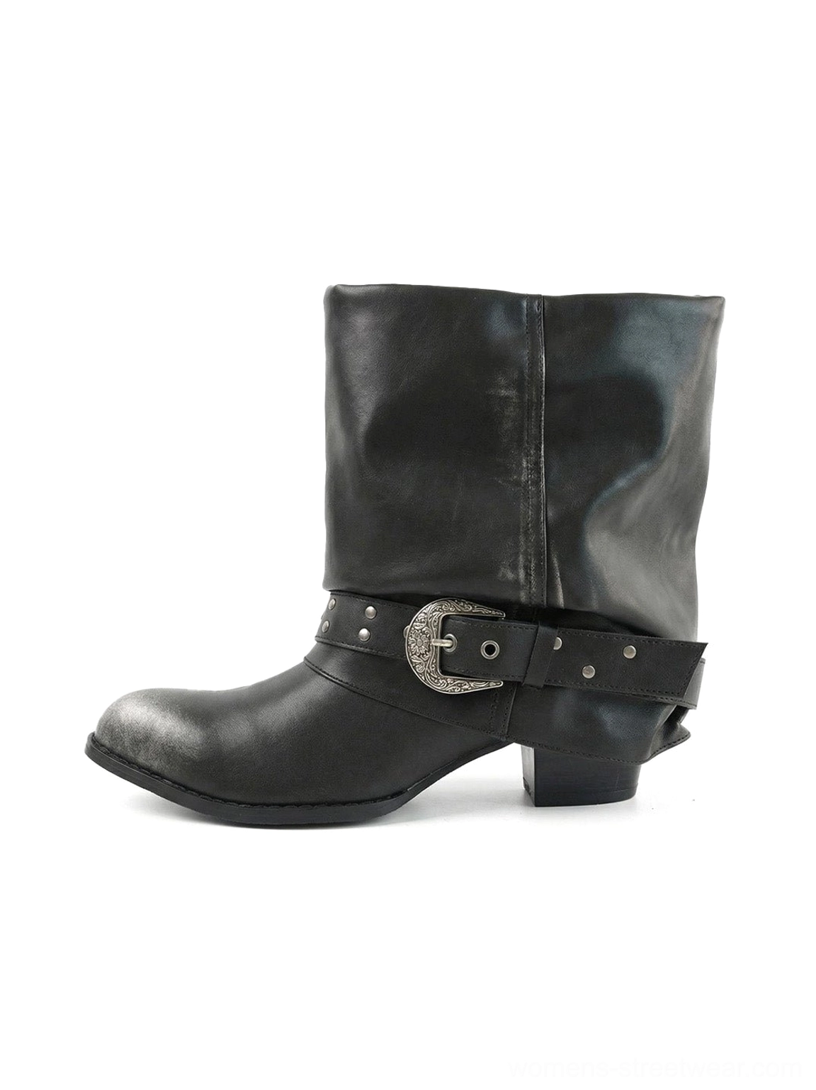 Black buckle pointed toe chunky streetwear ankle boots side view on a white background